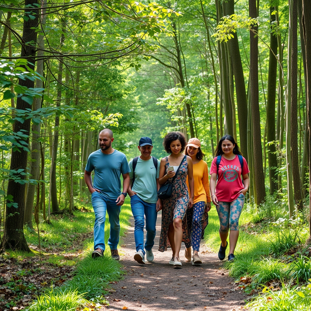 A family enjoying a quiet, mindful walk in the woods.