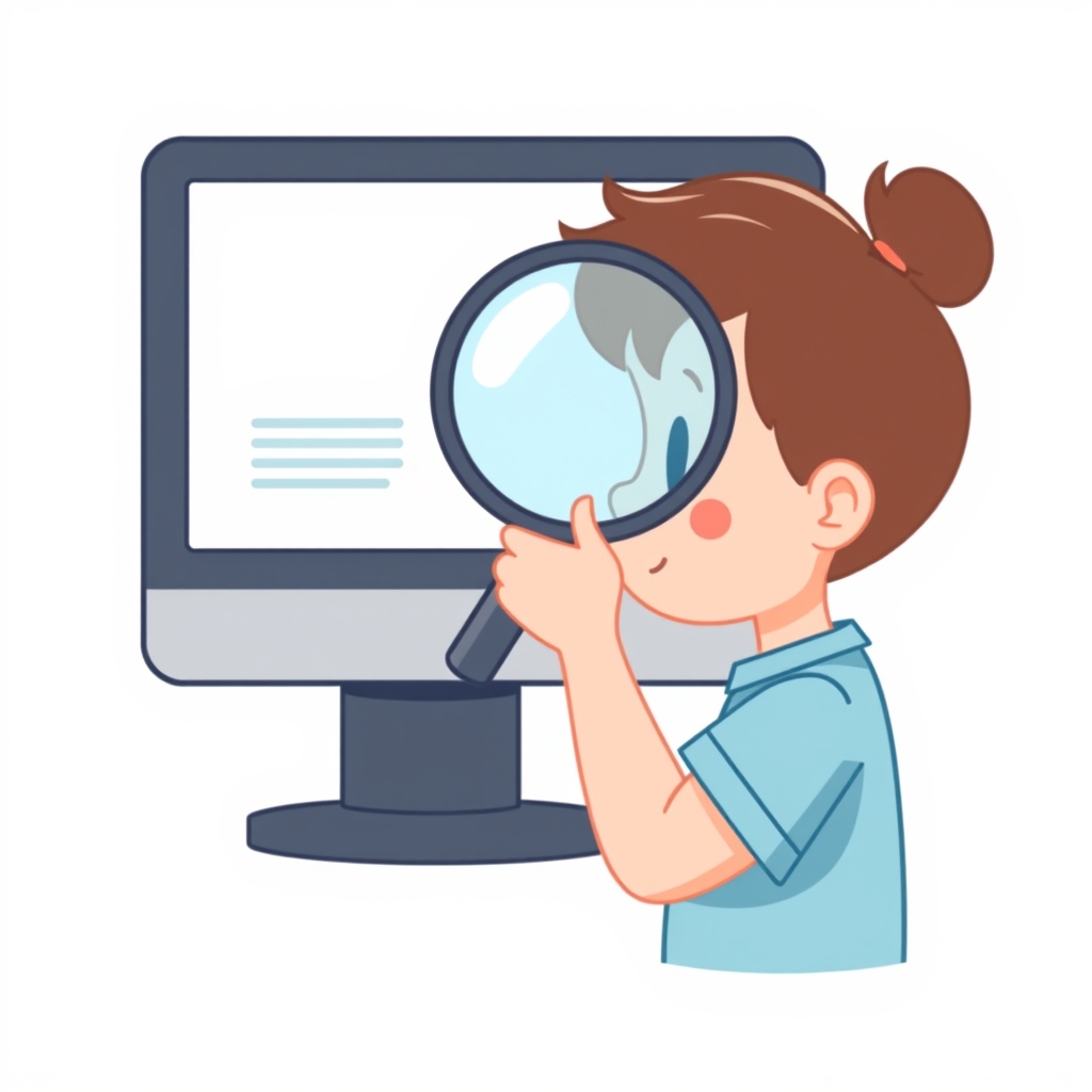 Child using a magnifying glass to inspect a digital screen.