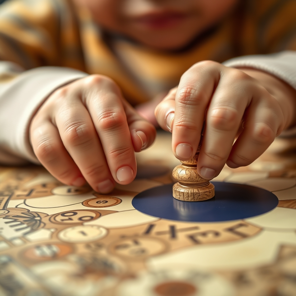 Child placing a wooden game piece on a board game
