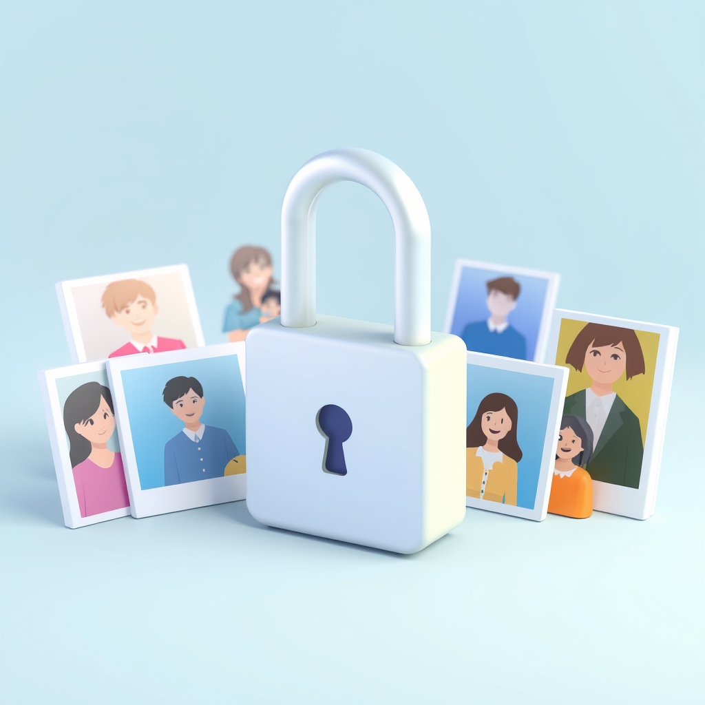 A conceptual 3D illustration of a digital lock protecting family photographs.