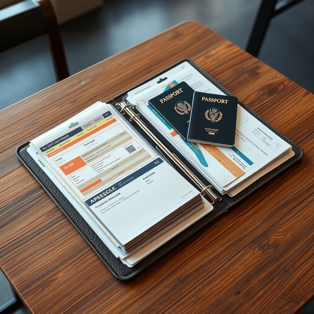 Organized travel documents and passports on a table