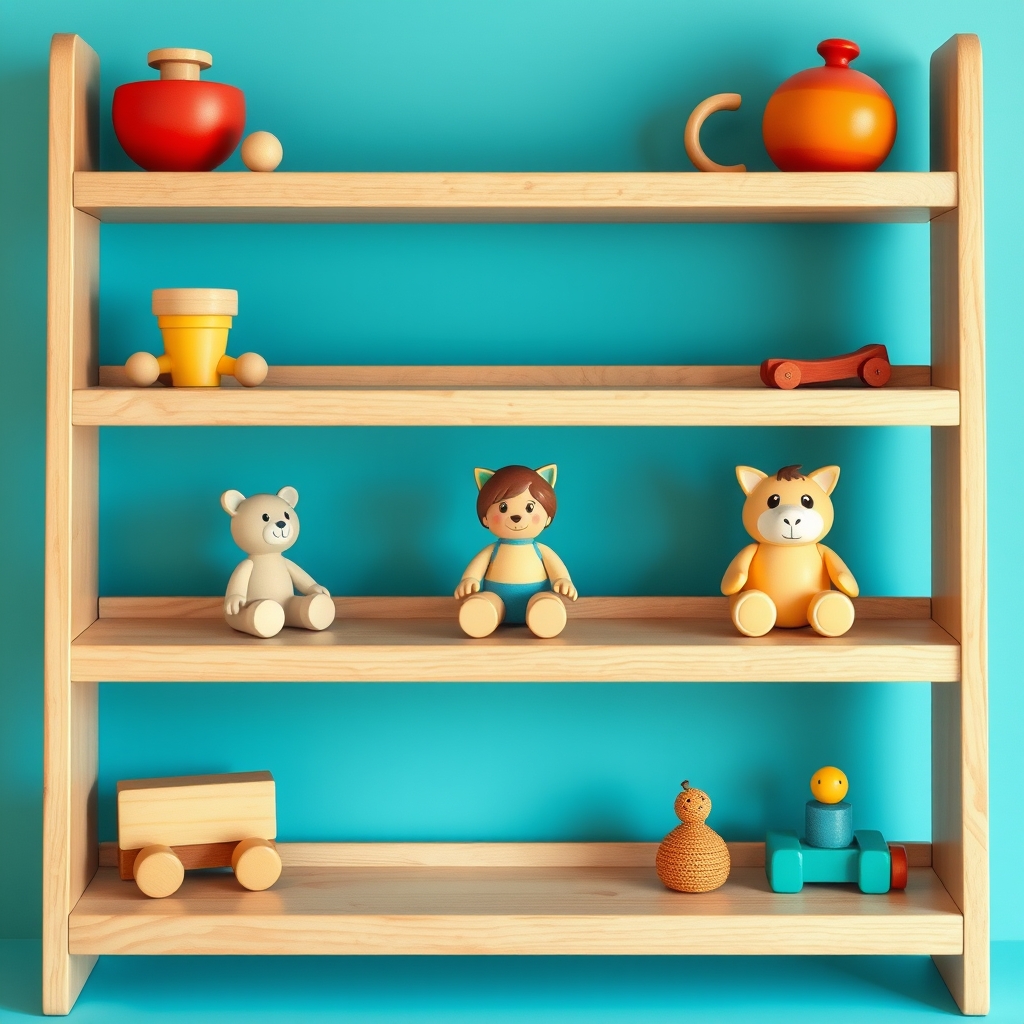 Minimalist wooden toy shelf displaying limited toys for better focus.