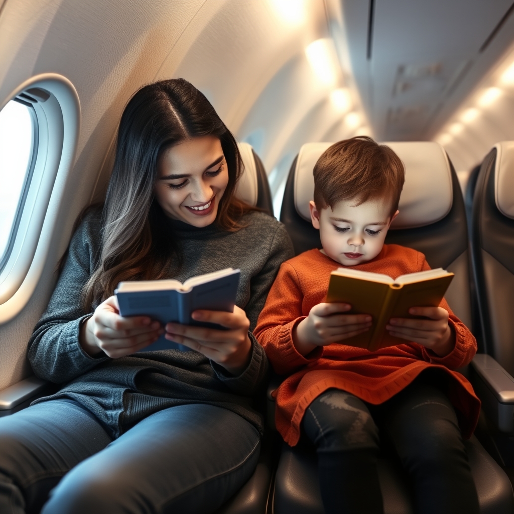 A parent and child enjoying a quiet reading session on an airplane.