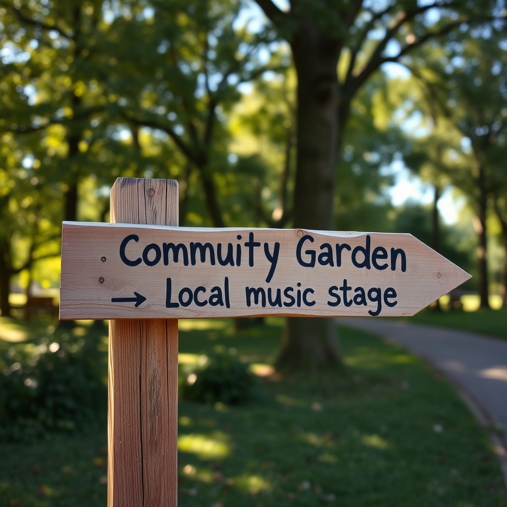 Hand-painted wooden sign indicating community event locations.