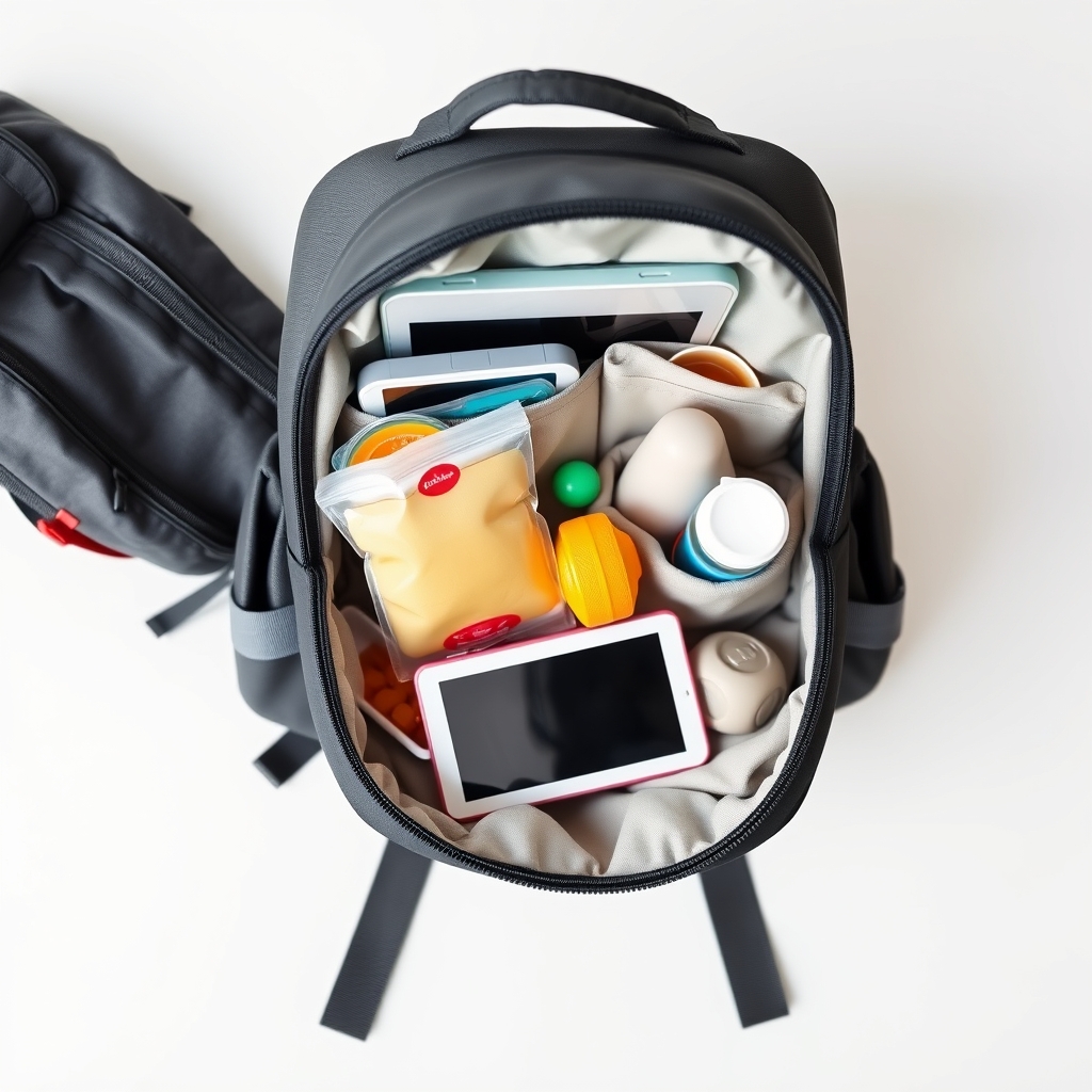 A neatly packed toddler travel backpack with essentials.