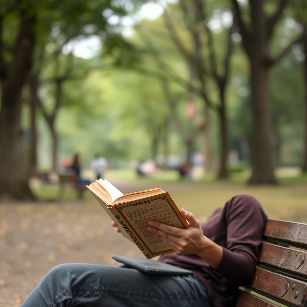A person enjoying reading a book in a park away from digital devices.