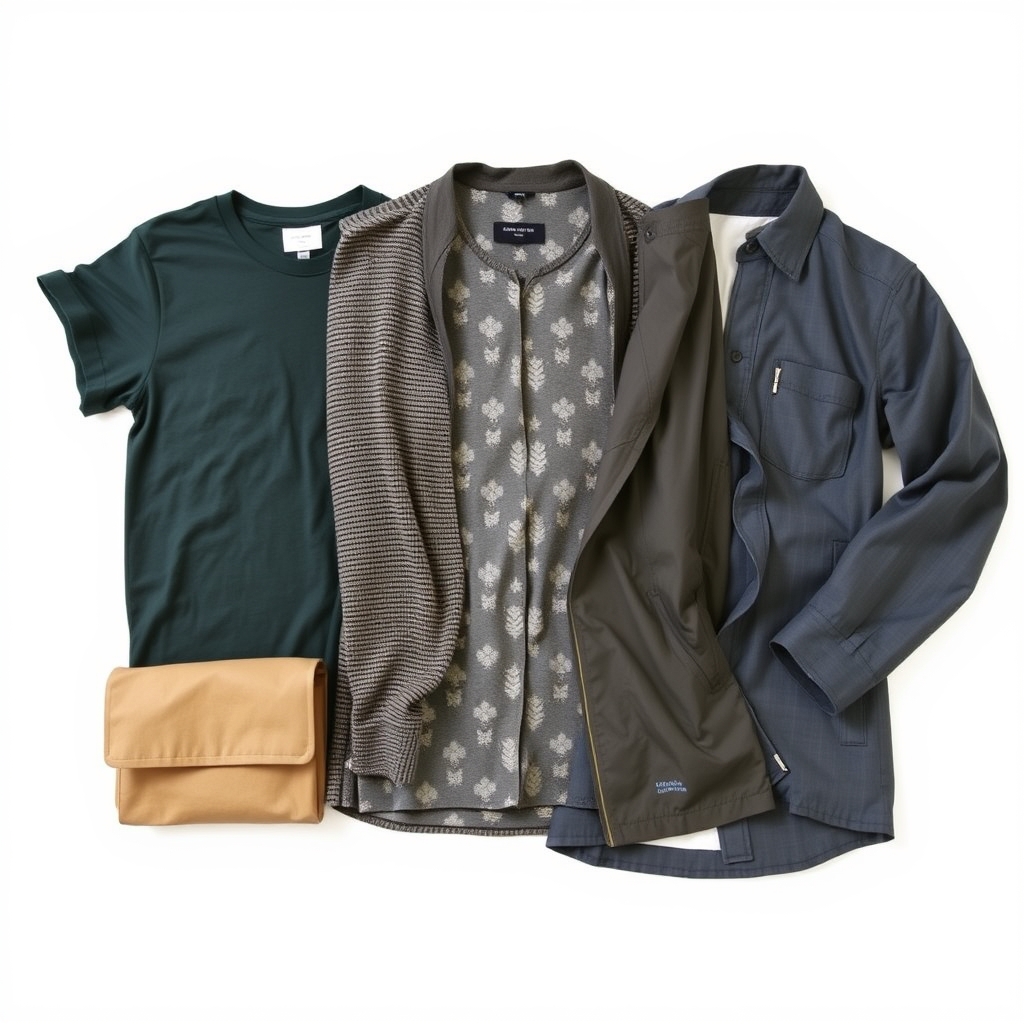 A flat-lay of a travel capsule wardrobe demonstrating layering techniques.
