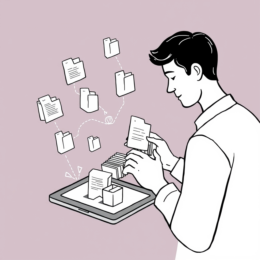 Person organizing digital files on a tablet