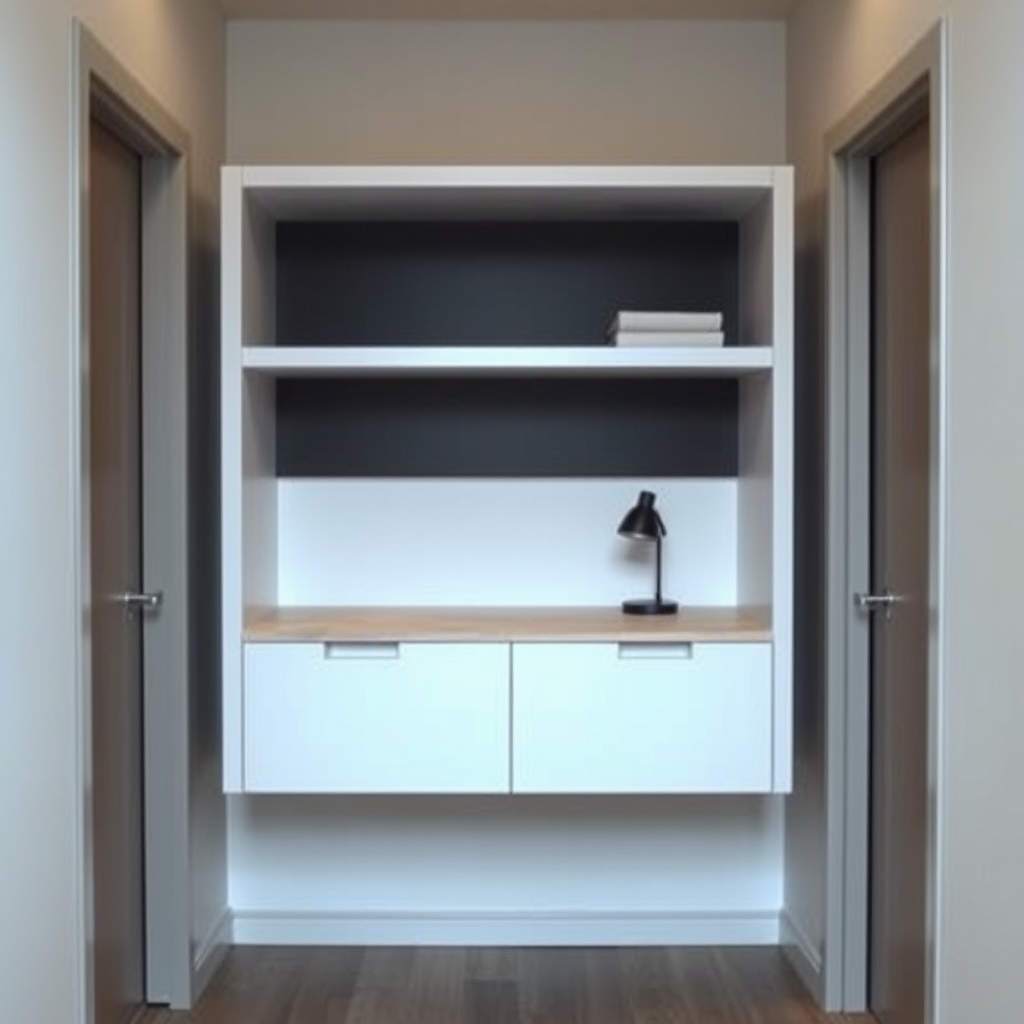 A space-saving wall-mounted desk in a narrow hallway.