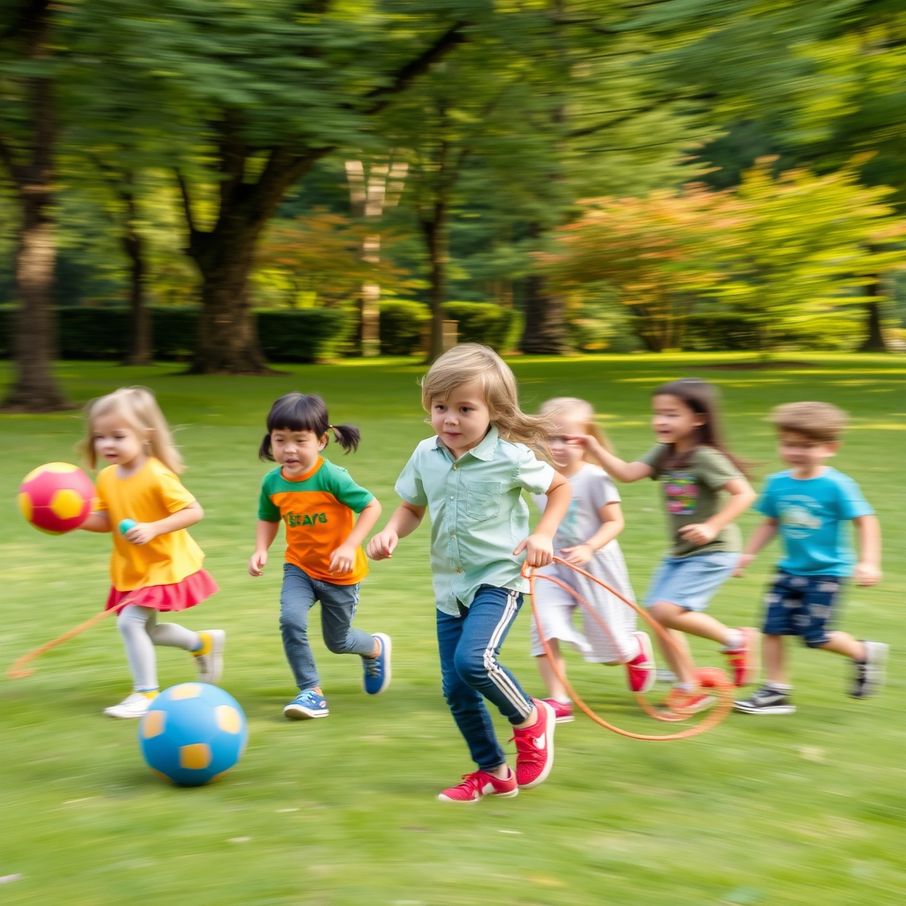 Children playing actively outdoors in a park, emphasizing the importance of physical offline play.