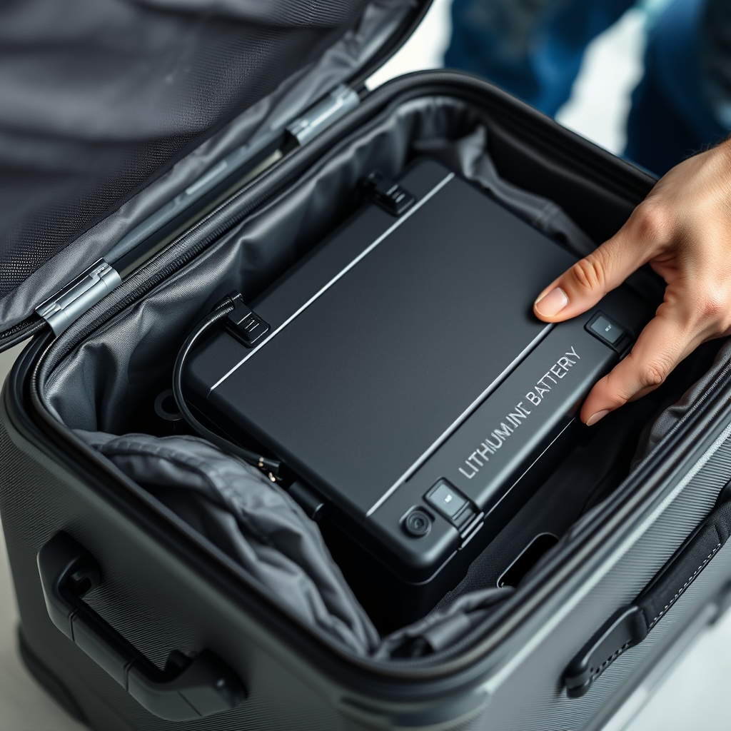 Removing a lithium-ion battery from smart luggage.