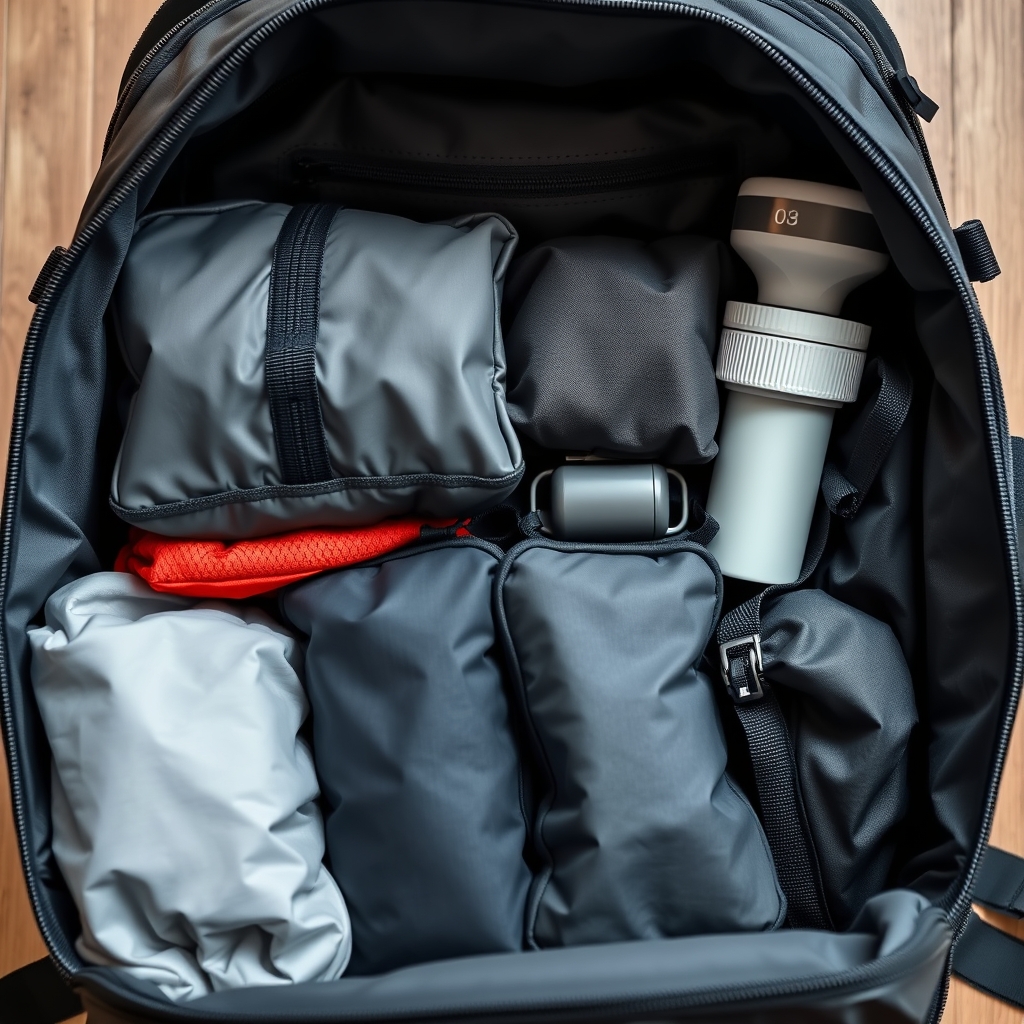 Interior view of an organized travel backpack with packing cubes.
