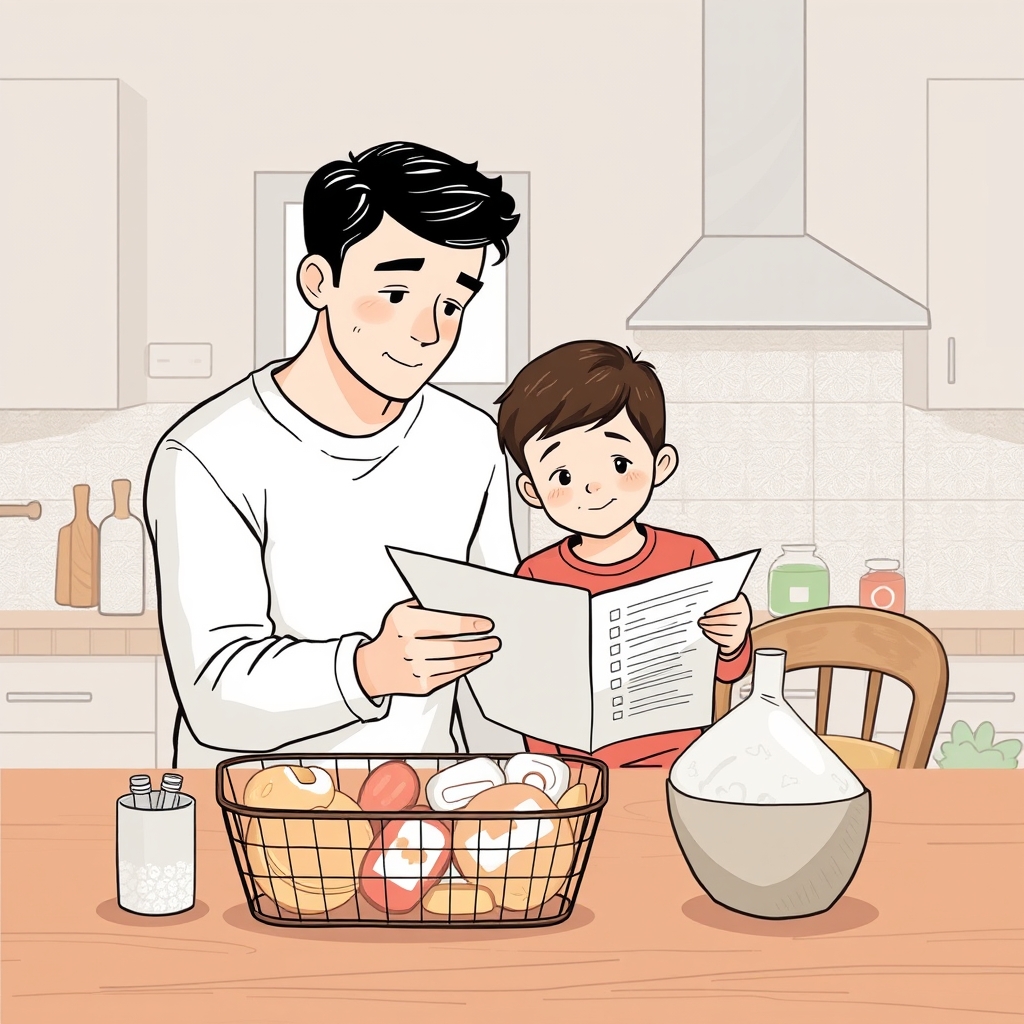 A parent teaching a child about budget and shopping lists.