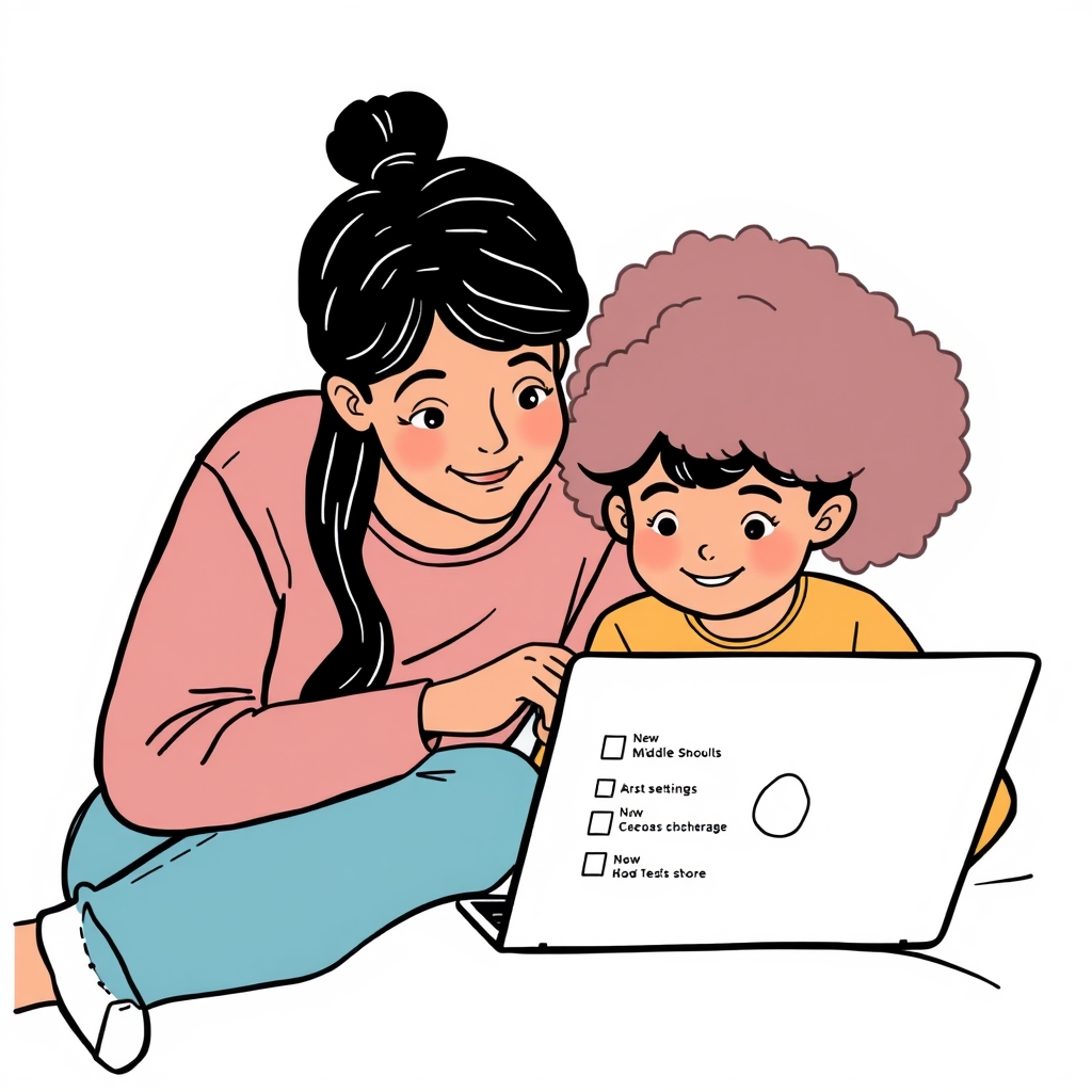 Parent and child collaborating on digital device settings.