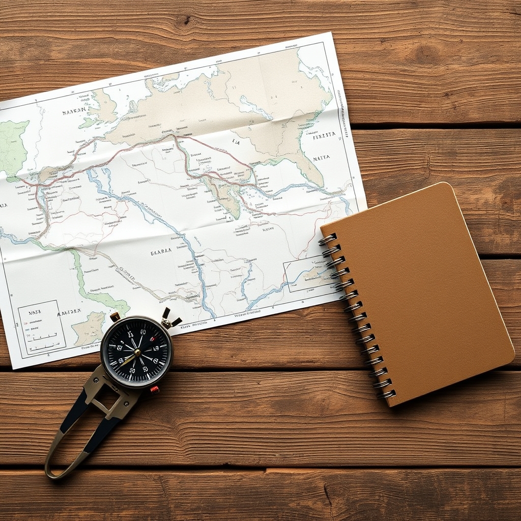 Planning a quiet-adventure trip with a map and compass.