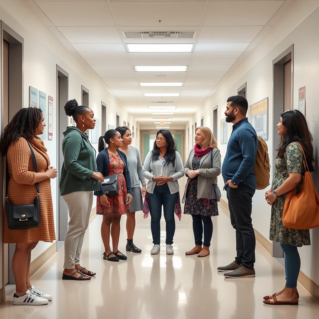 A teacher and parent talking calmly in a school setting.