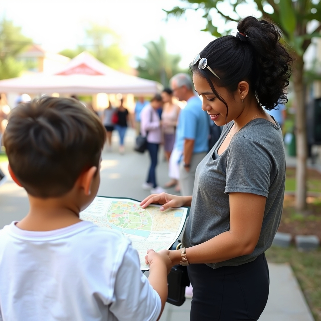 Parent and child planning their day at a local community micro-festival.