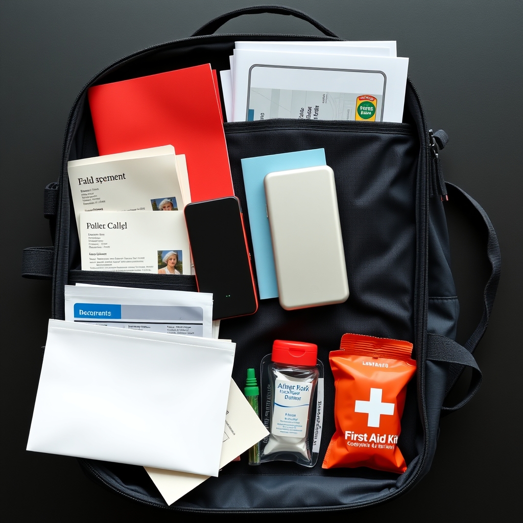 An organized collection of travel essentials for a solo parent.