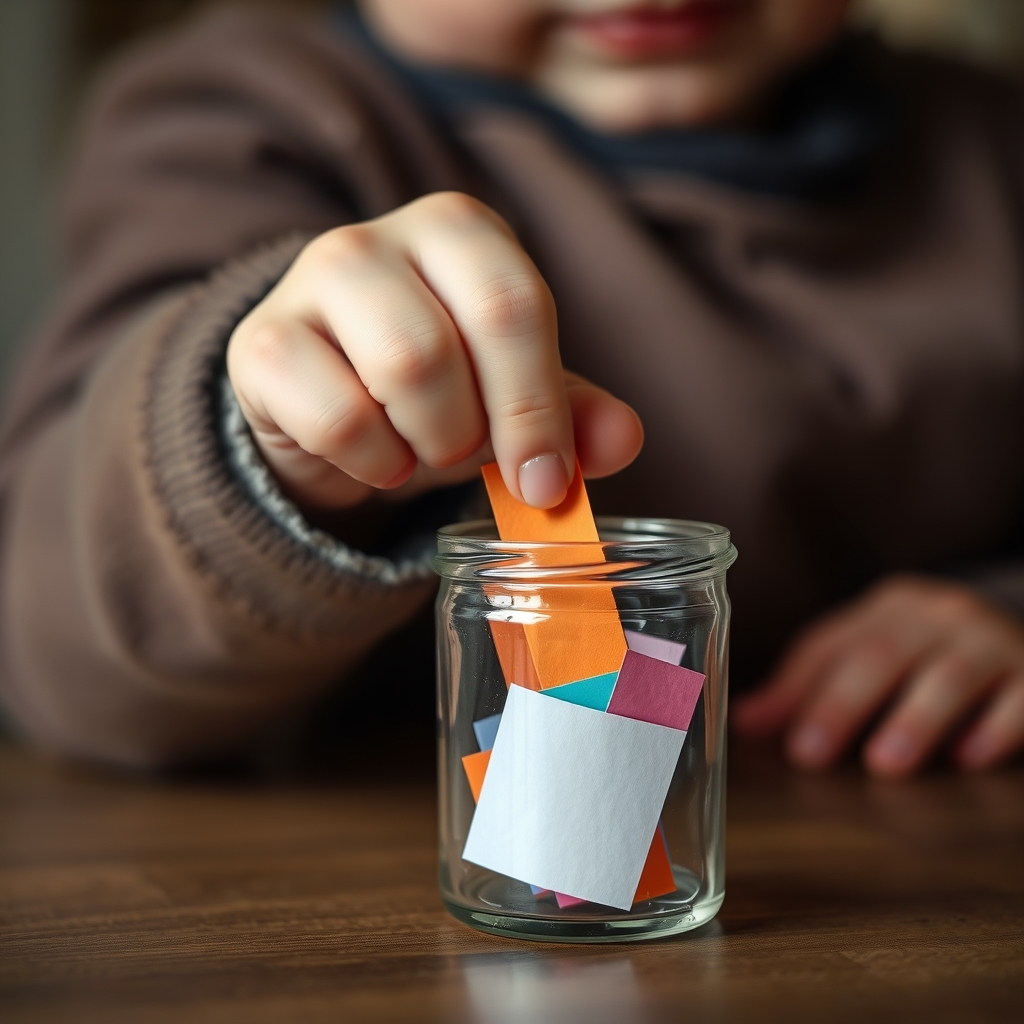 A child's hand selecting a slip of paper from an emotional-vocabulary jar.