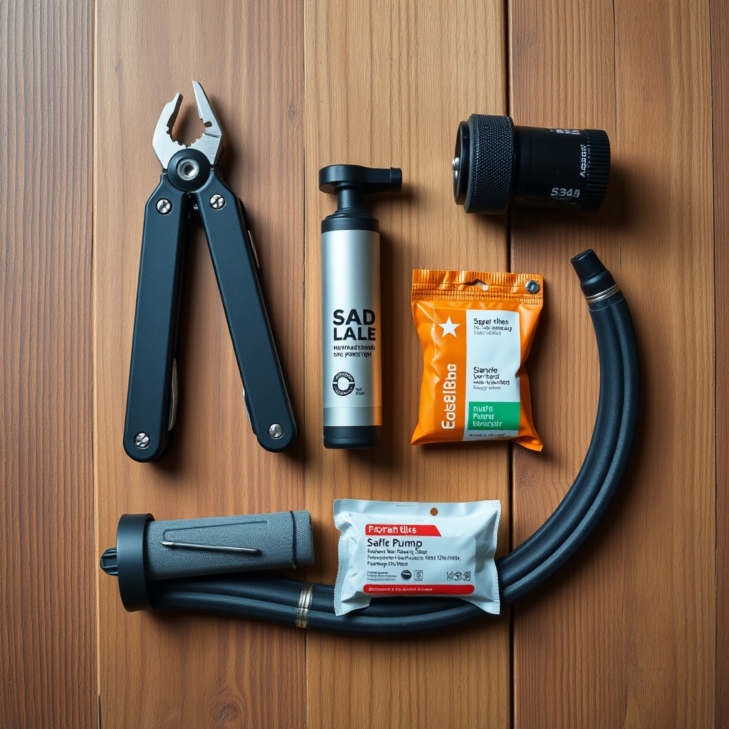 Essential bike-packing repair tools arranged on a table.