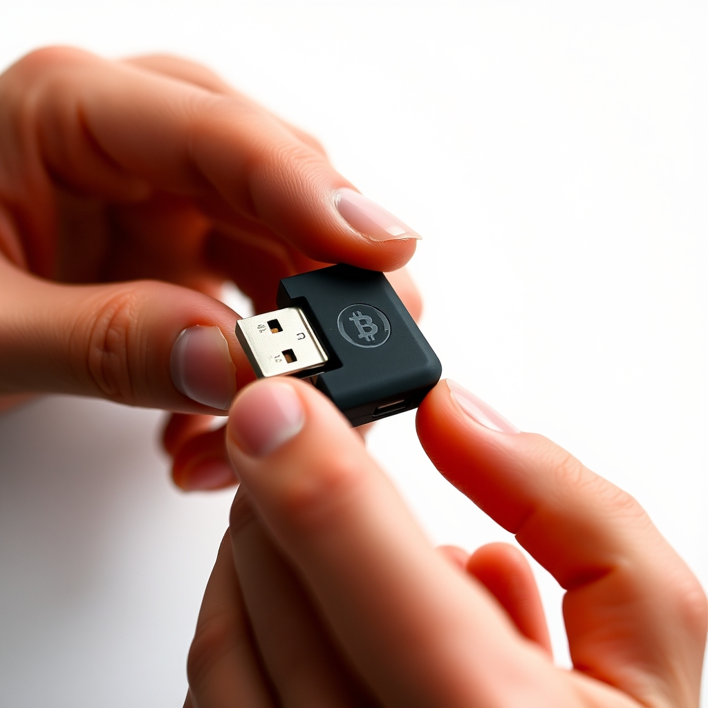 Close-up of a hardware wallet device held in hands for secure digital asset management.