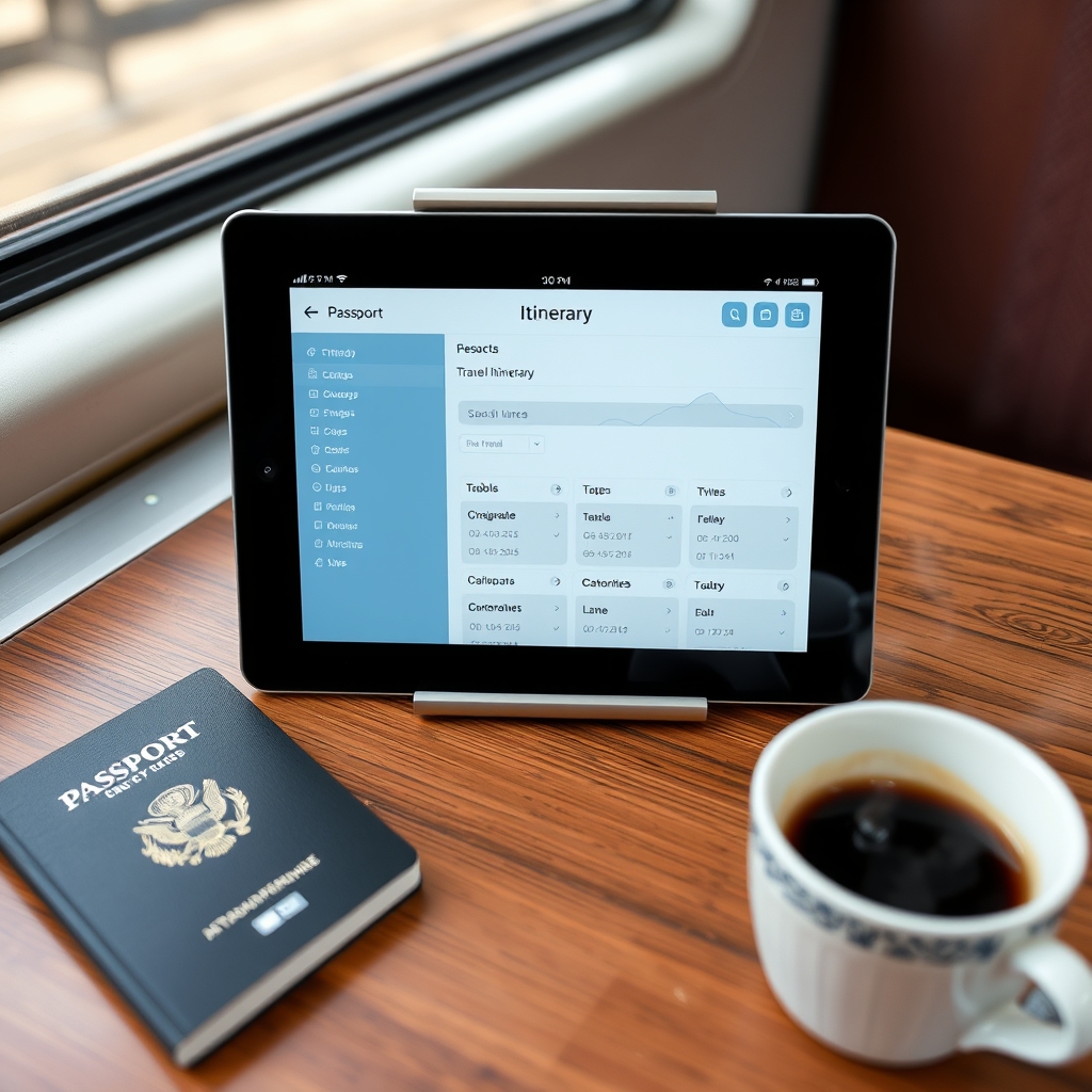 Digital travel planning tools on a tablet beside coffee and a passport.