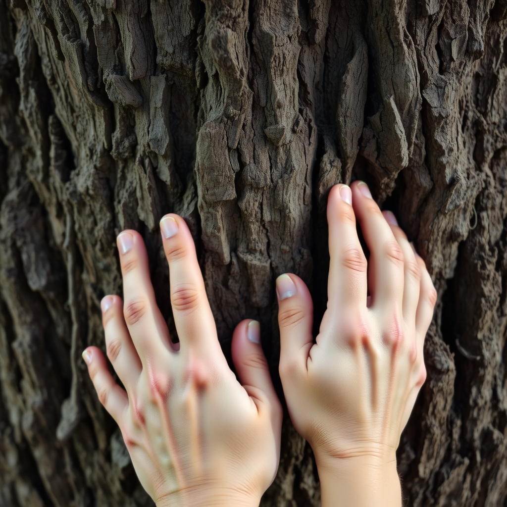 Close-up of hands touching tree bark to practice grounding.