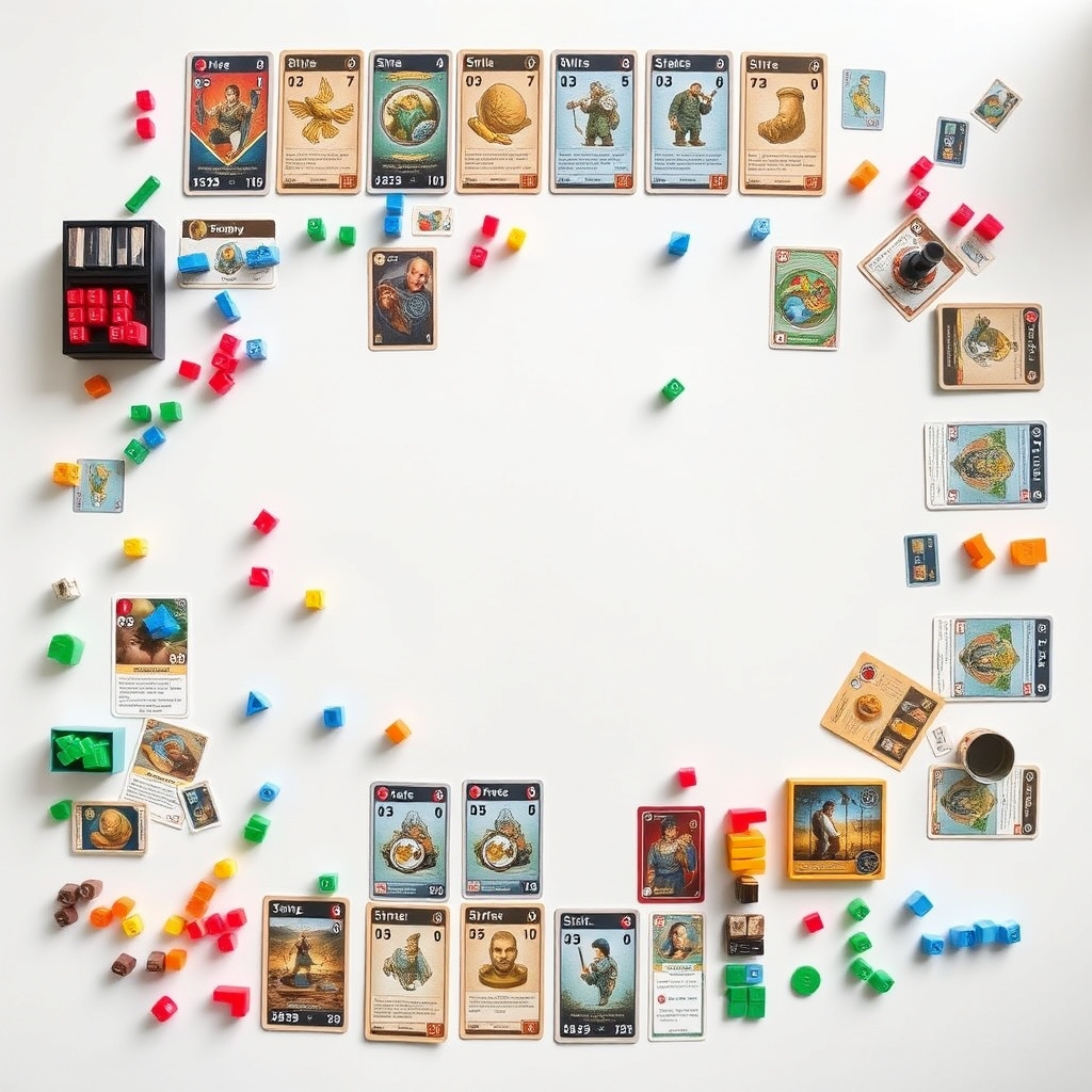 Overhead view of modern board game components