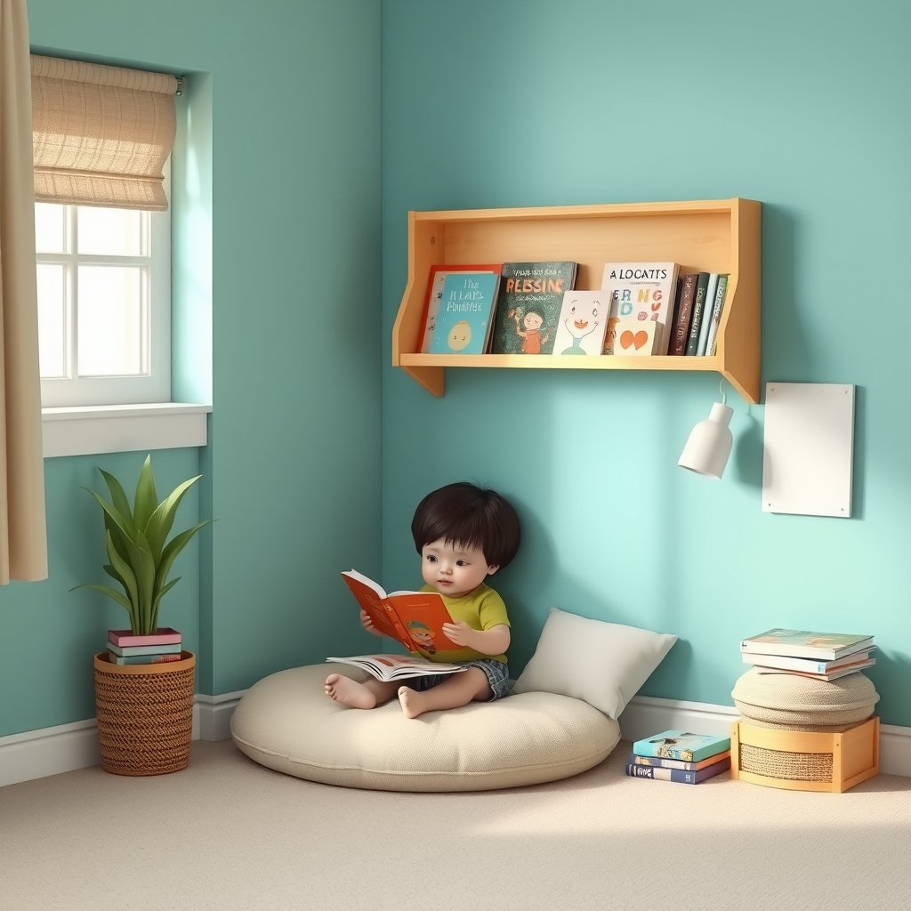 A simple and cozy reading nook in a toddler's room.
