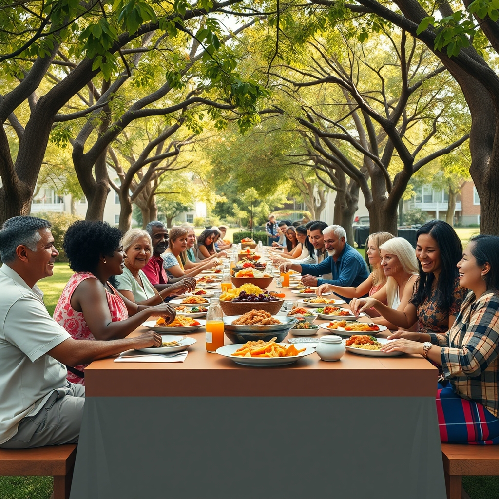 Neighbors sharing a communal meal at an outdoor table.