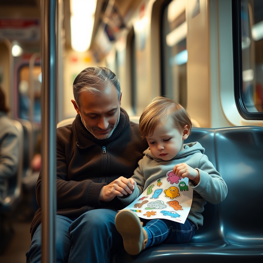Parent and toddler engaging in a quiet activity on a train.