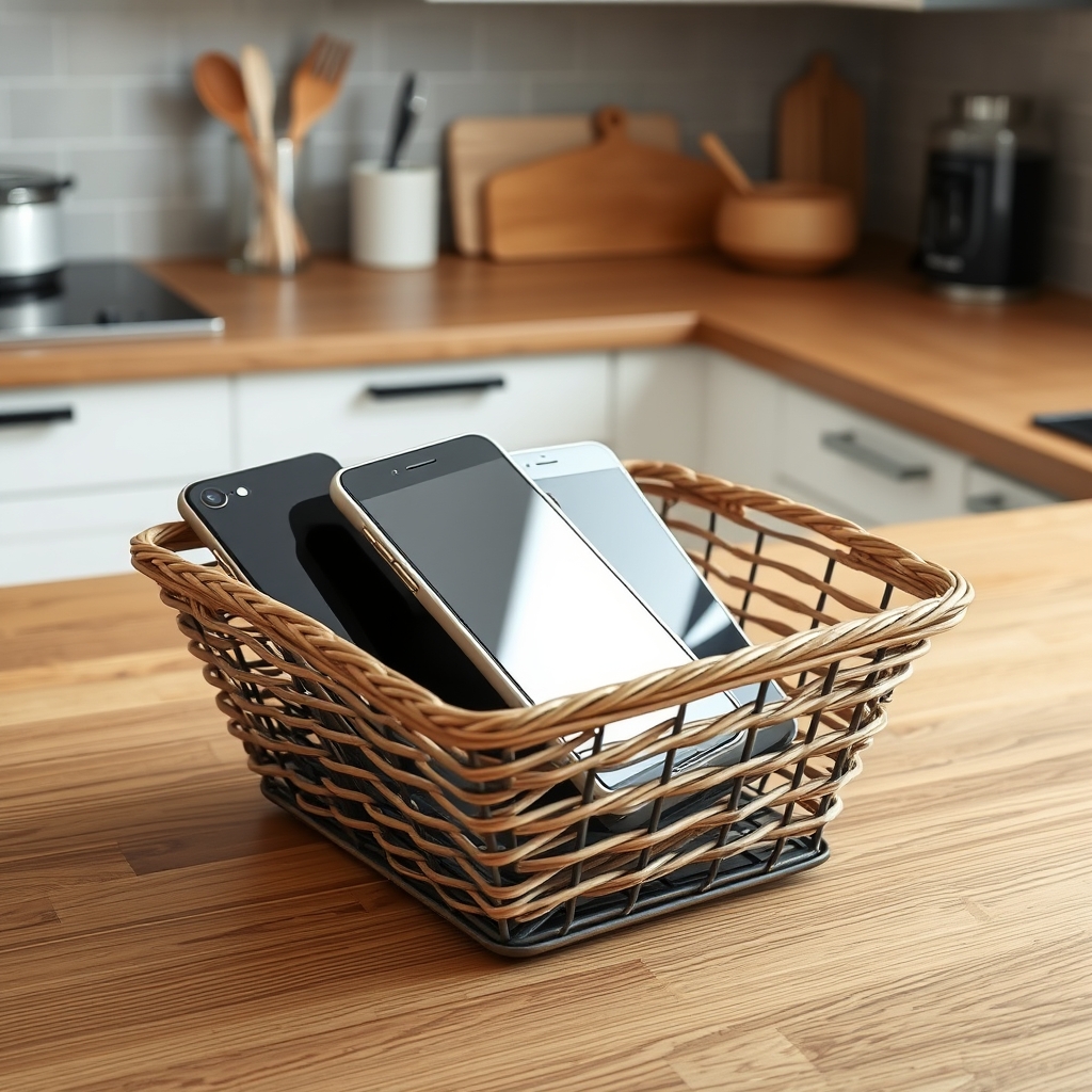 A simple basket used for a smartphone-free zone in the home.