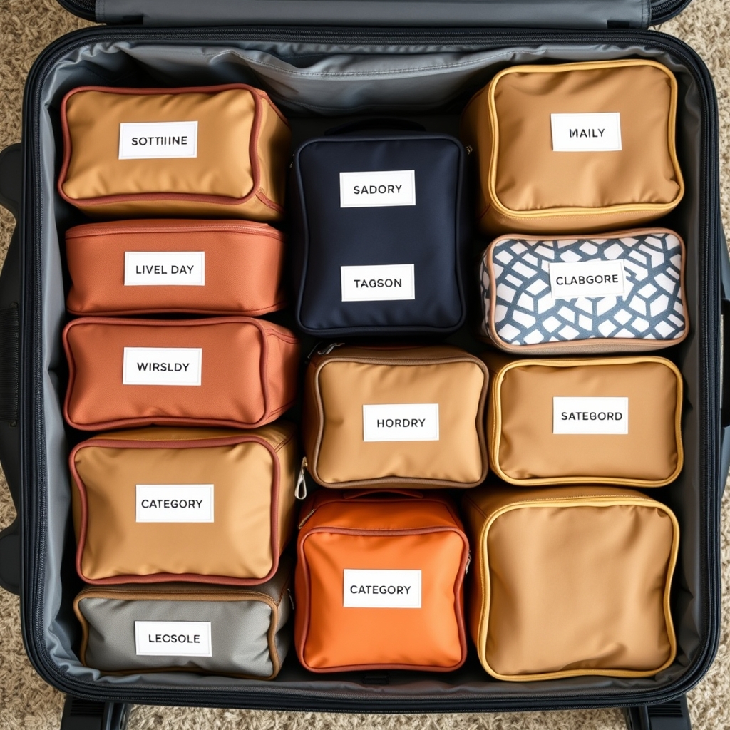 Packing cubes used to organize clothing inside a suitcase.