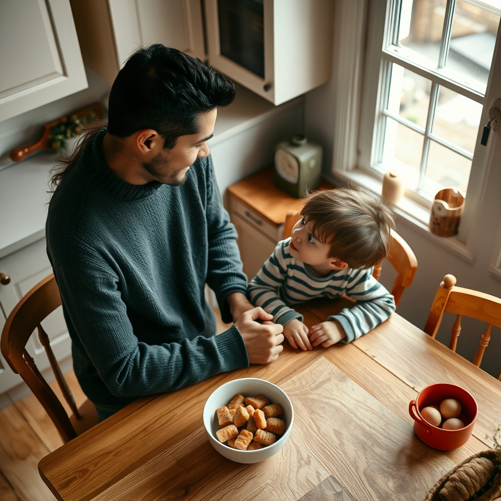 A parent having a supportive conversation with their elementary-aged child at home.
