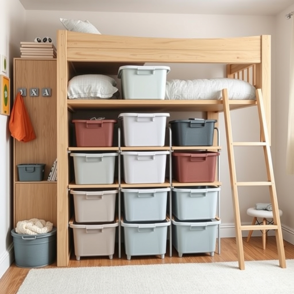 Vertical storage organizers under a child's loft bed.