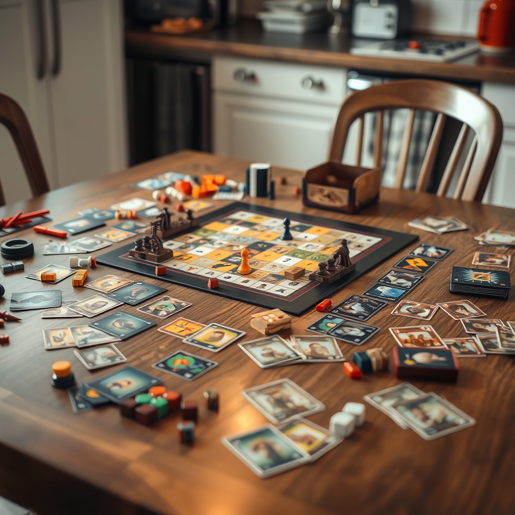 A close-up of a family board game setup on a dining table, highlighting tangible social interaction.