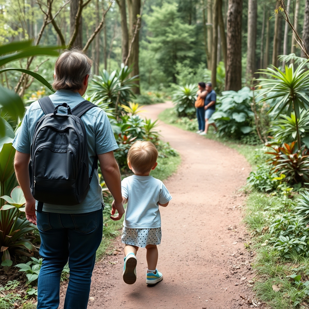 A parent and child exploring a quiet nature trail.