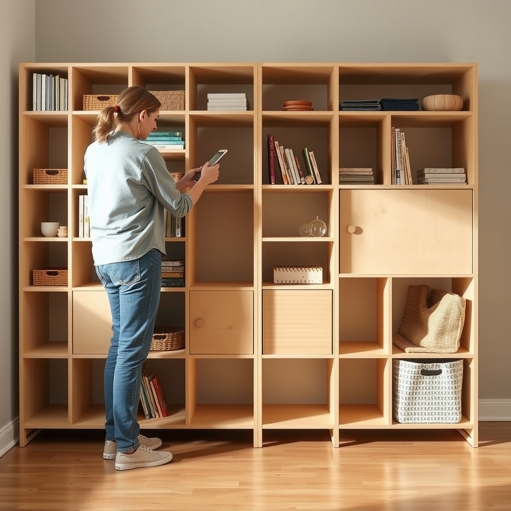 A parent reconfiguring modular shelving for dual-purpose room use.