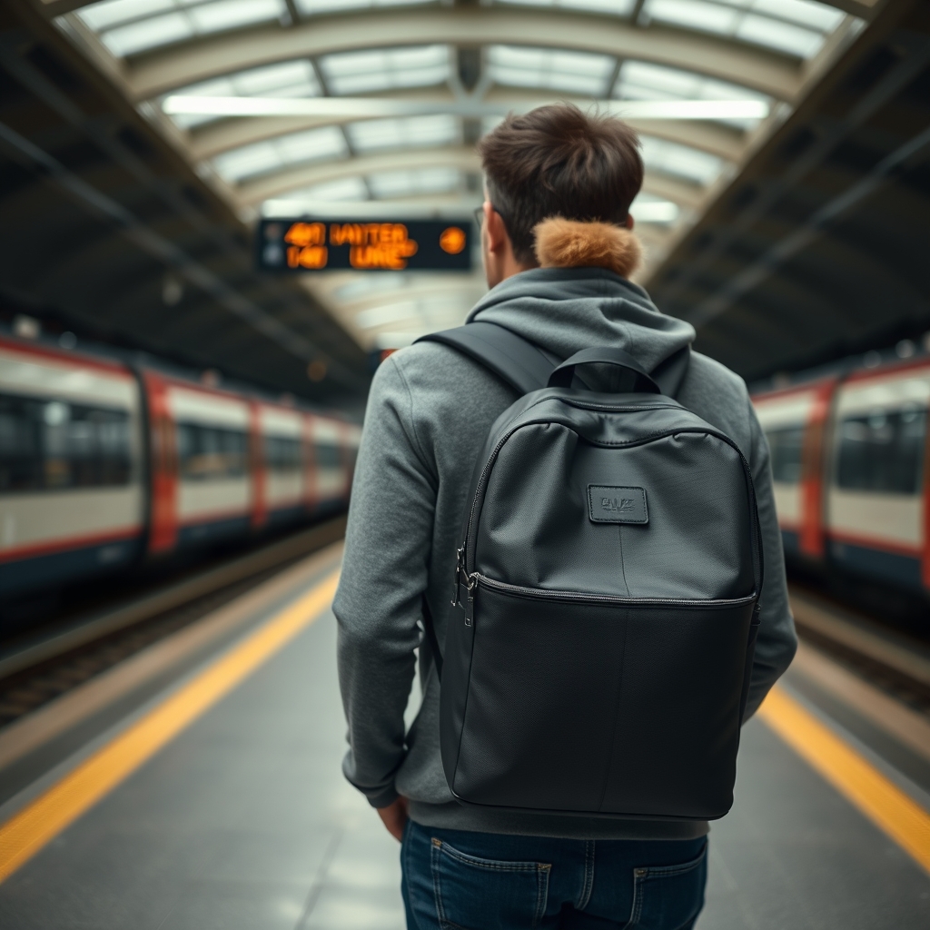 A traveler wearing a minimalist backpack navigating a busy train station.