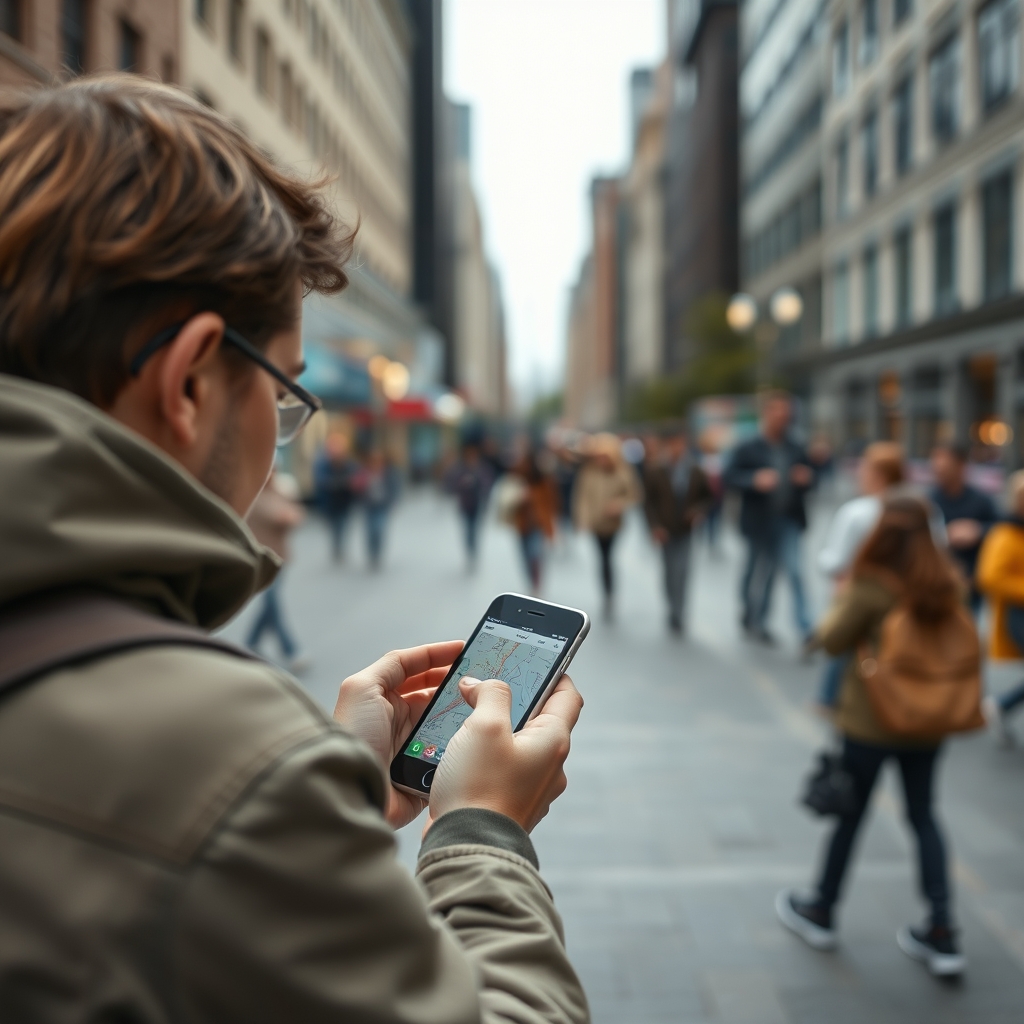 A parent navigating a city using a smartphone map.