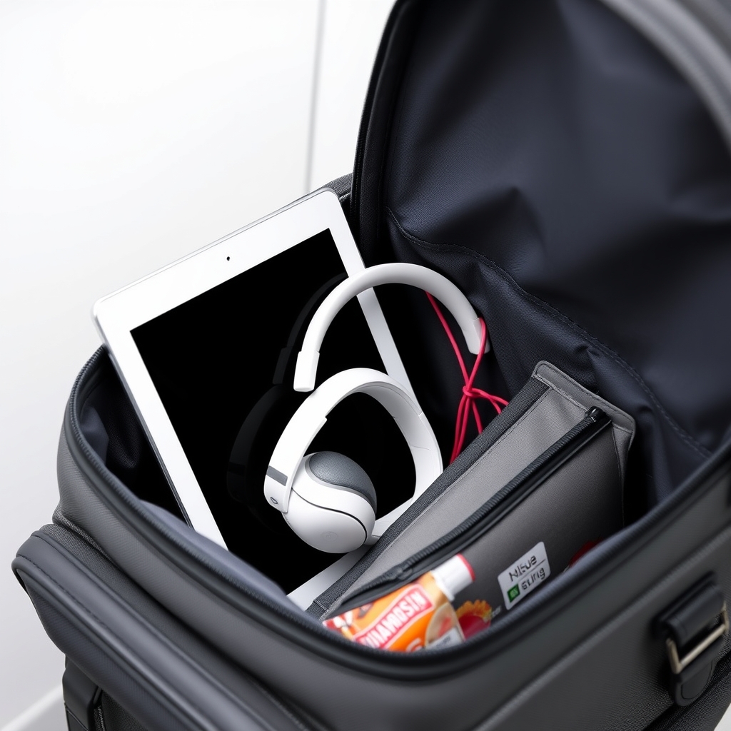 The interior of an organized carry-on bag with essential travel tech.