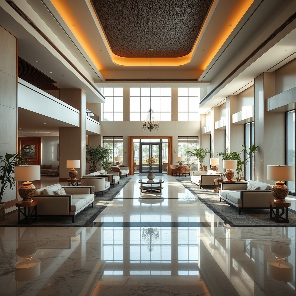 The quiet, serene atmosphere of a high-end resort during the shoulder season.