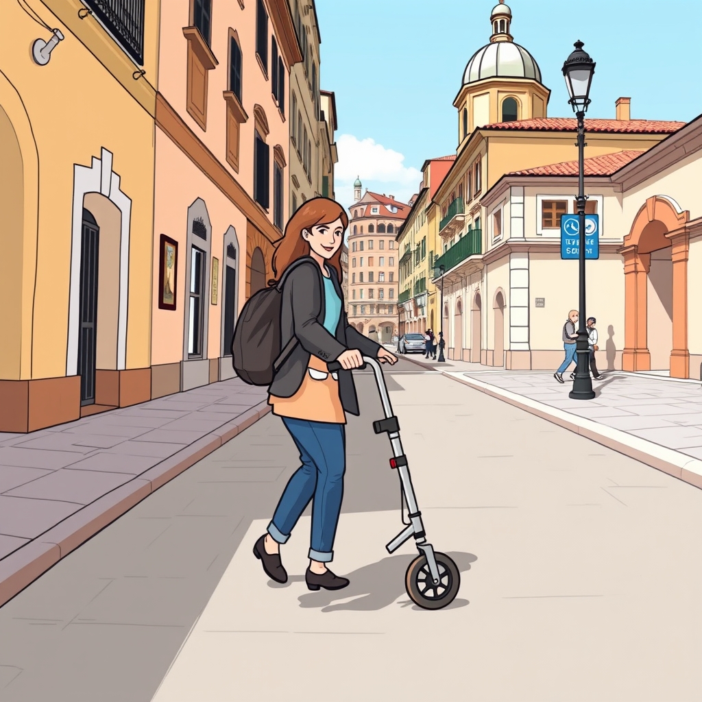 A traveler navigating a city street with a mobility aid.