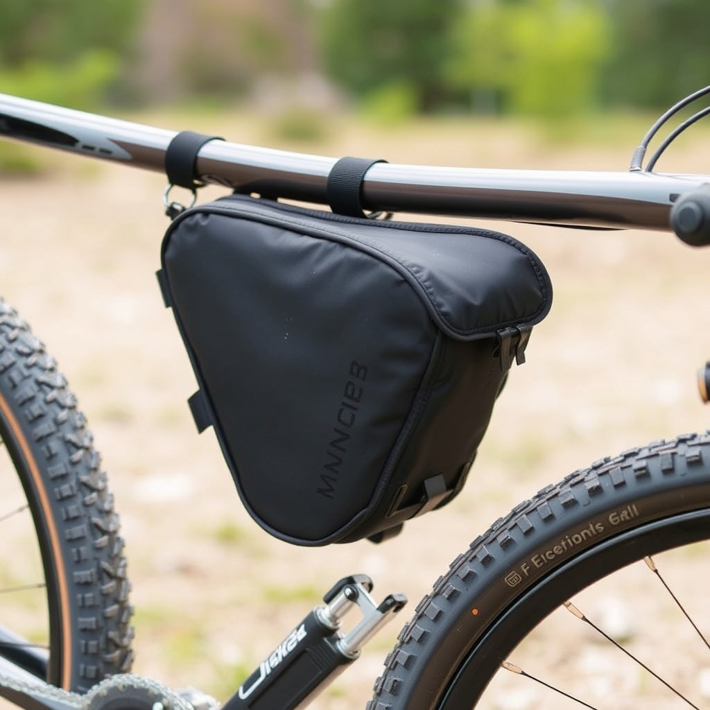 A frame bag securely mounted to a bicycle.