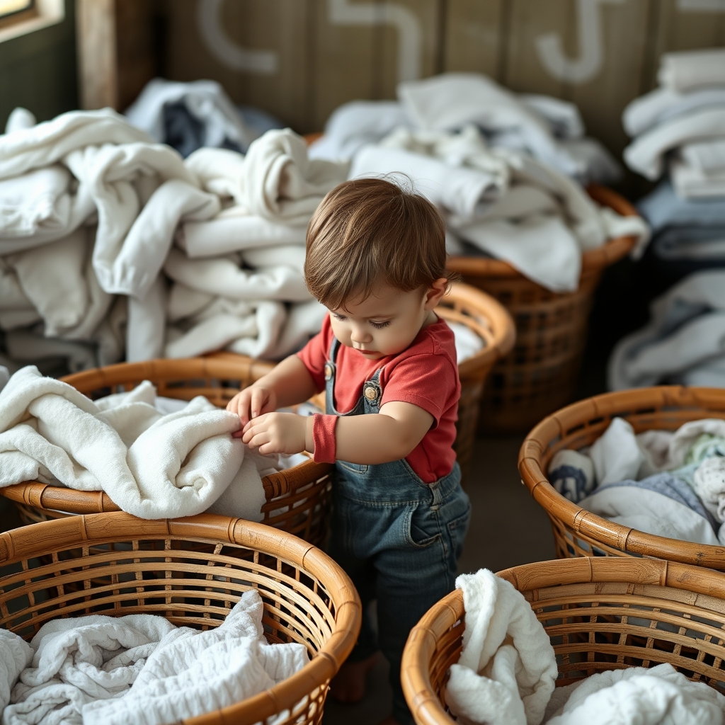 A young child learning life skills by helping with household laundry.