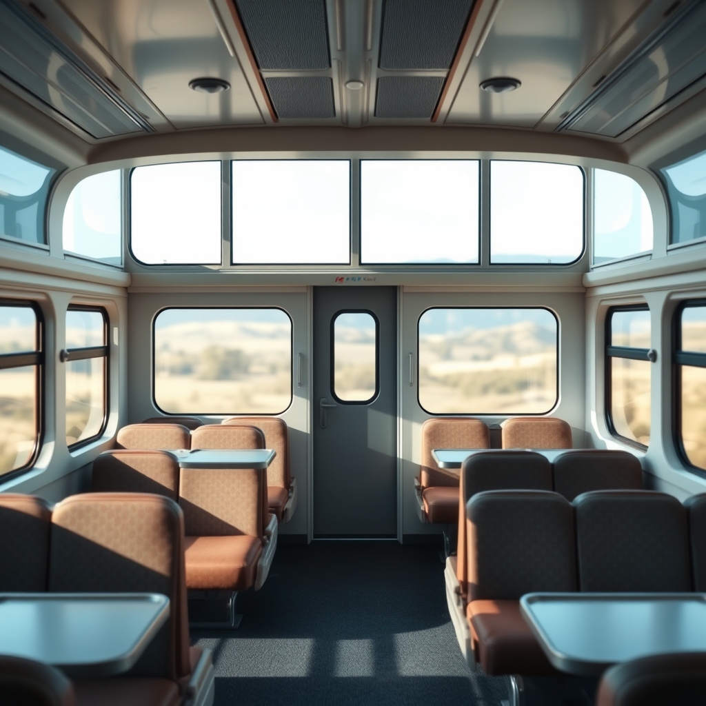 Modern, comfortable train carriage interior with large windows.