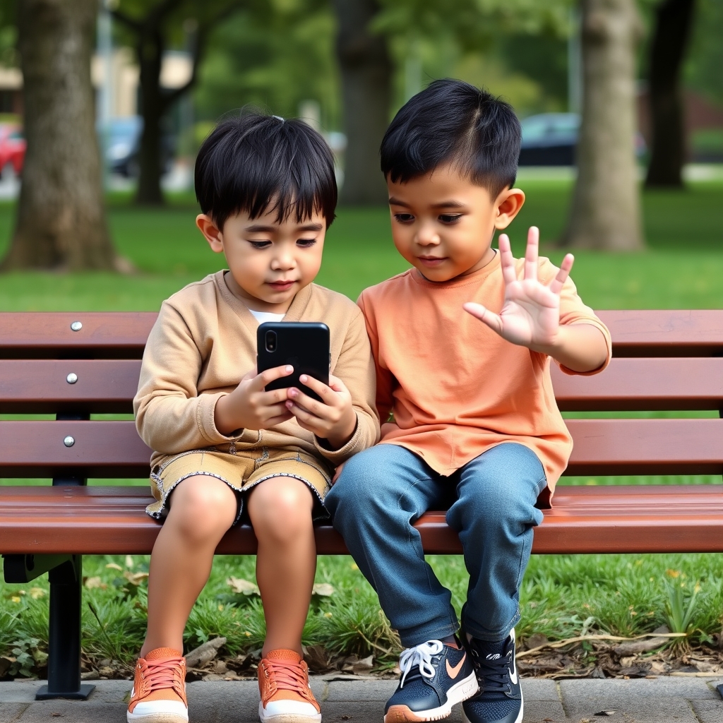 Two children practicing digital consent by pausing before sharing content on a phone.