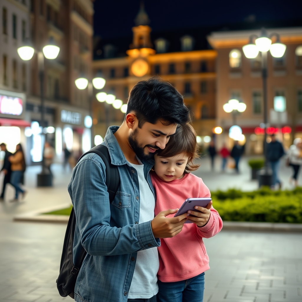 Parent and child navigating with a digital map