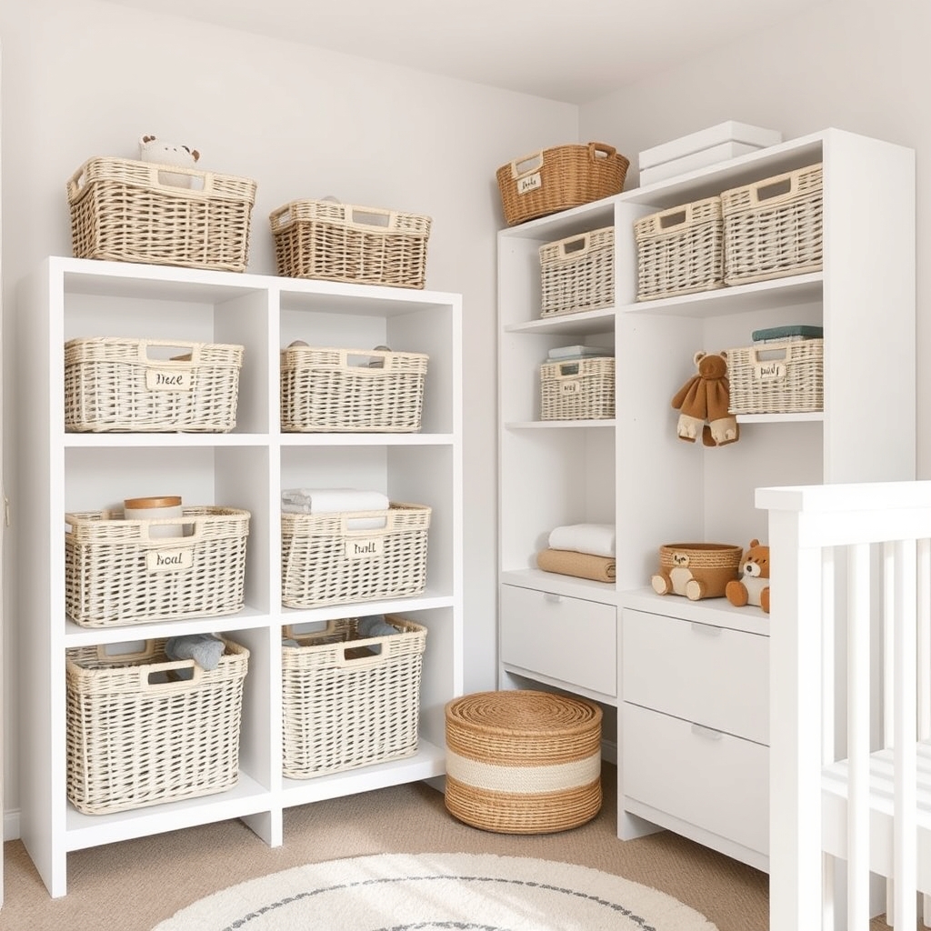 Organized nursery storage using woven baskets to reduce visual clutter.