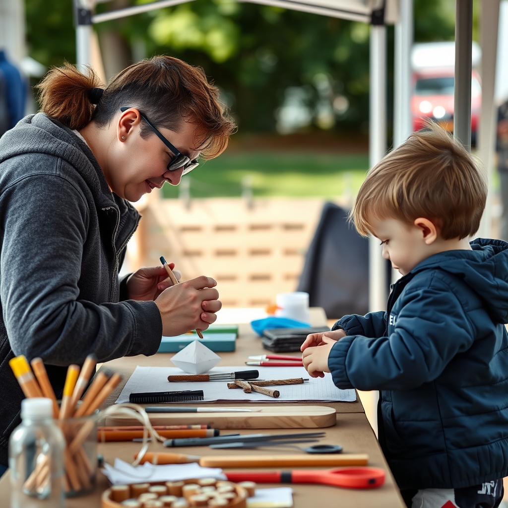 Parent and child working on a craft project together at a community festival booth.